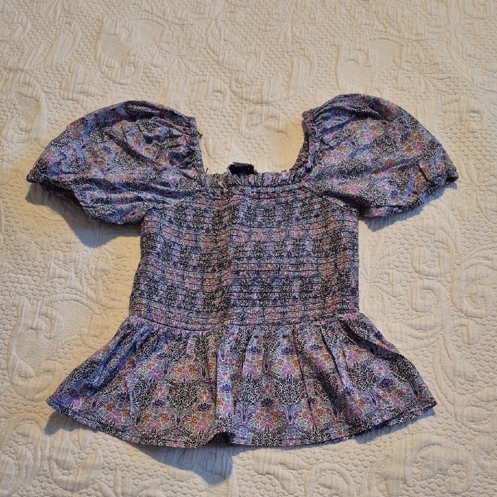 J. Crew Liberty Fabric Blouse size XS Smocked Top Balloon Sleeves peplum